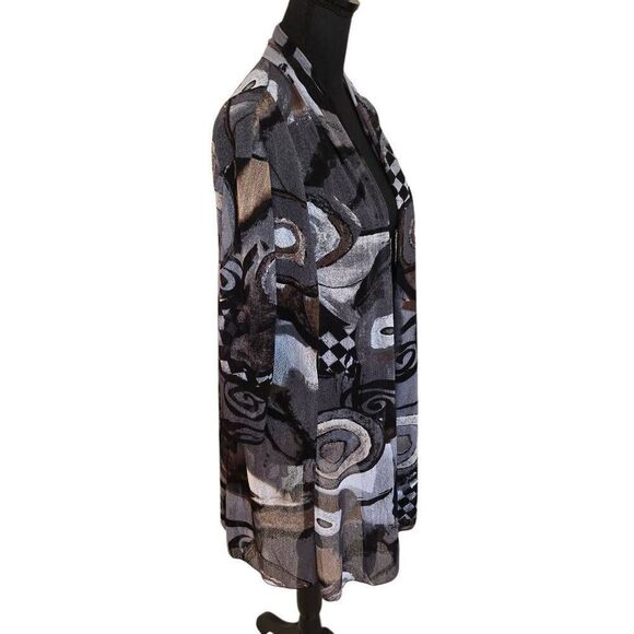 Whispers Womens Open Front Gray Black Print Mesh Cardigan Duster Top Large - Picture 4 of 10